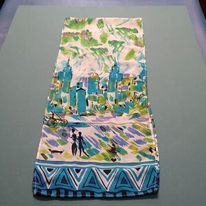 Cityscape Polyester/Rayon Teal Green colors Black Silhouette's Carriage People